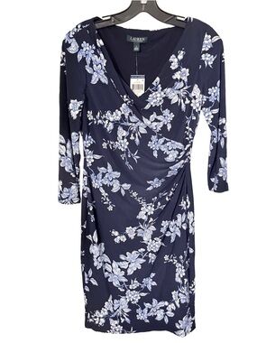 Lauren Ralph Lauren Midi Dress Womens Sz 2 Blue Floral Sheath Ruched NWT